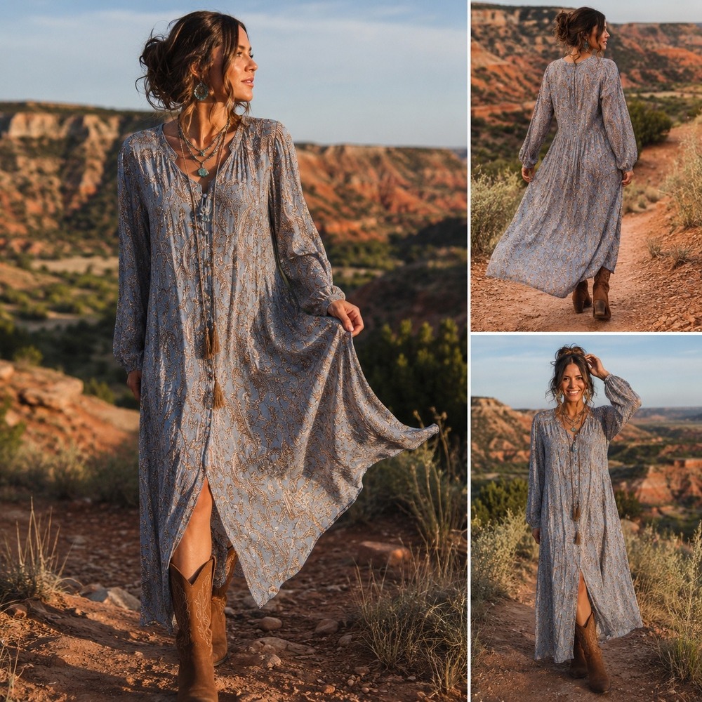 Dress Forum Los Angeles Paisley Maxi Dress Blue Bronze Boho Tassel FD7016 Small